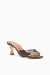 Espresso mule sandal with clear toe strap and slim mid heel, side view