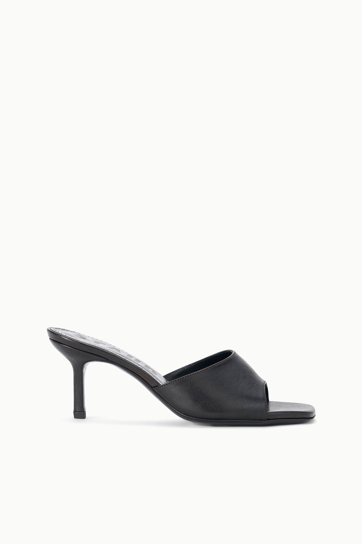BEA mule espresso distressed: black open-toe heeled mule with wide strap