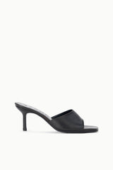 BEA mule espresso distressed: black open-toe heeled mule with wide strap