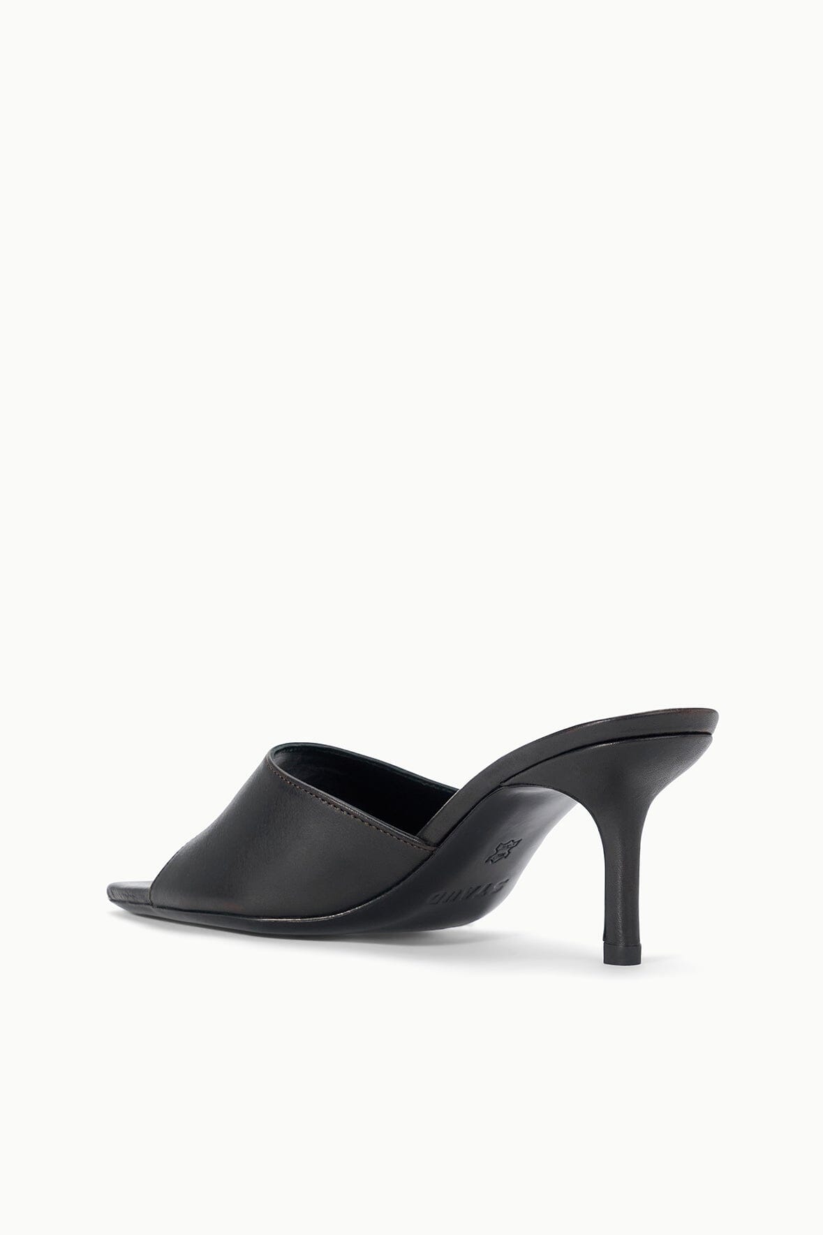 BEA mule espresso distressed: black open-toe mule with curved high heel