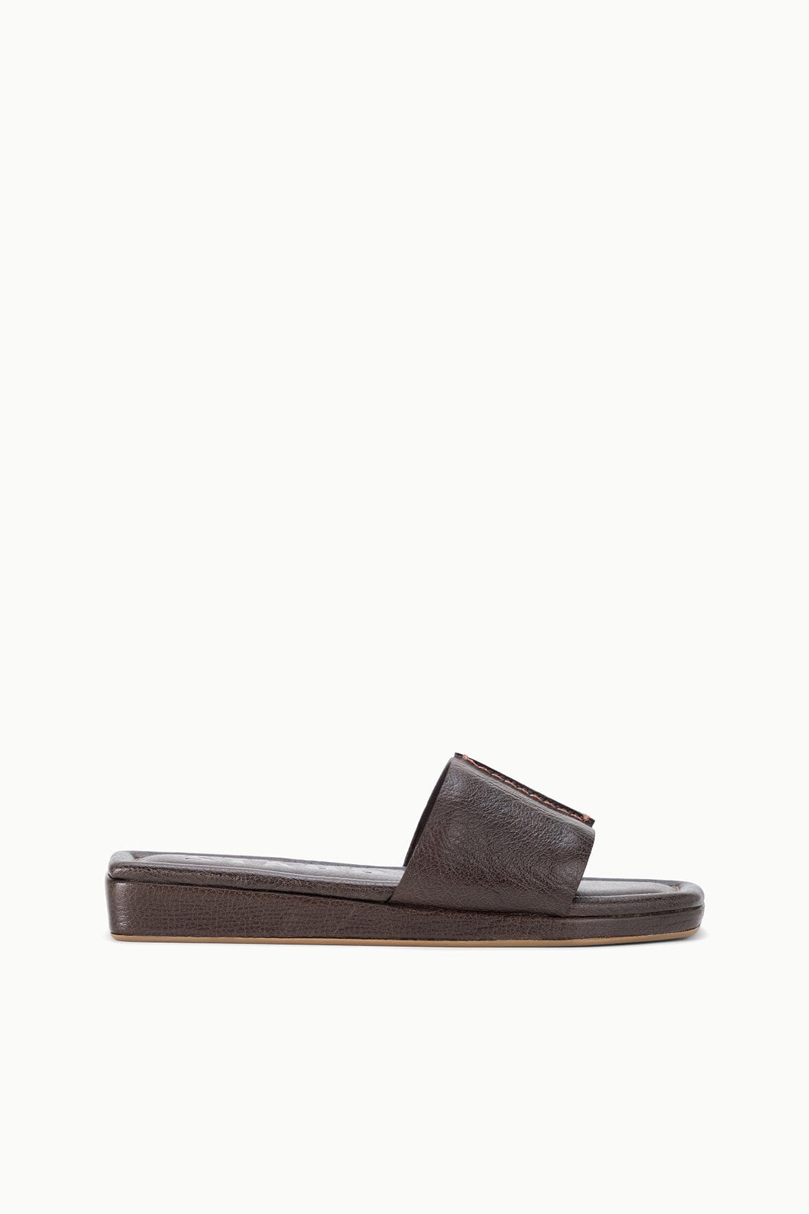 Espresso brown leather platform slide sandal with wide cross strap upper