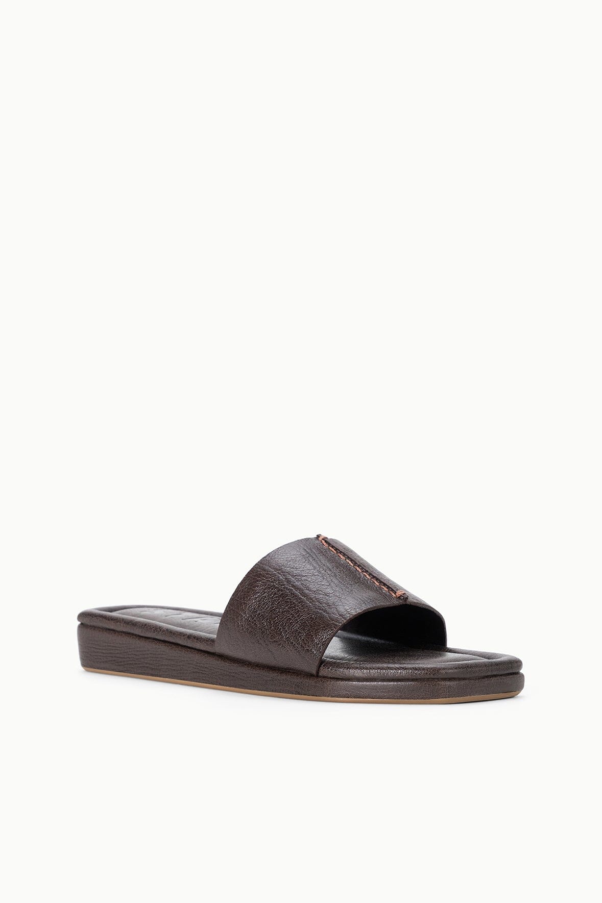 Espresso brown slide sandal with wide leather upper and cushioned footbed