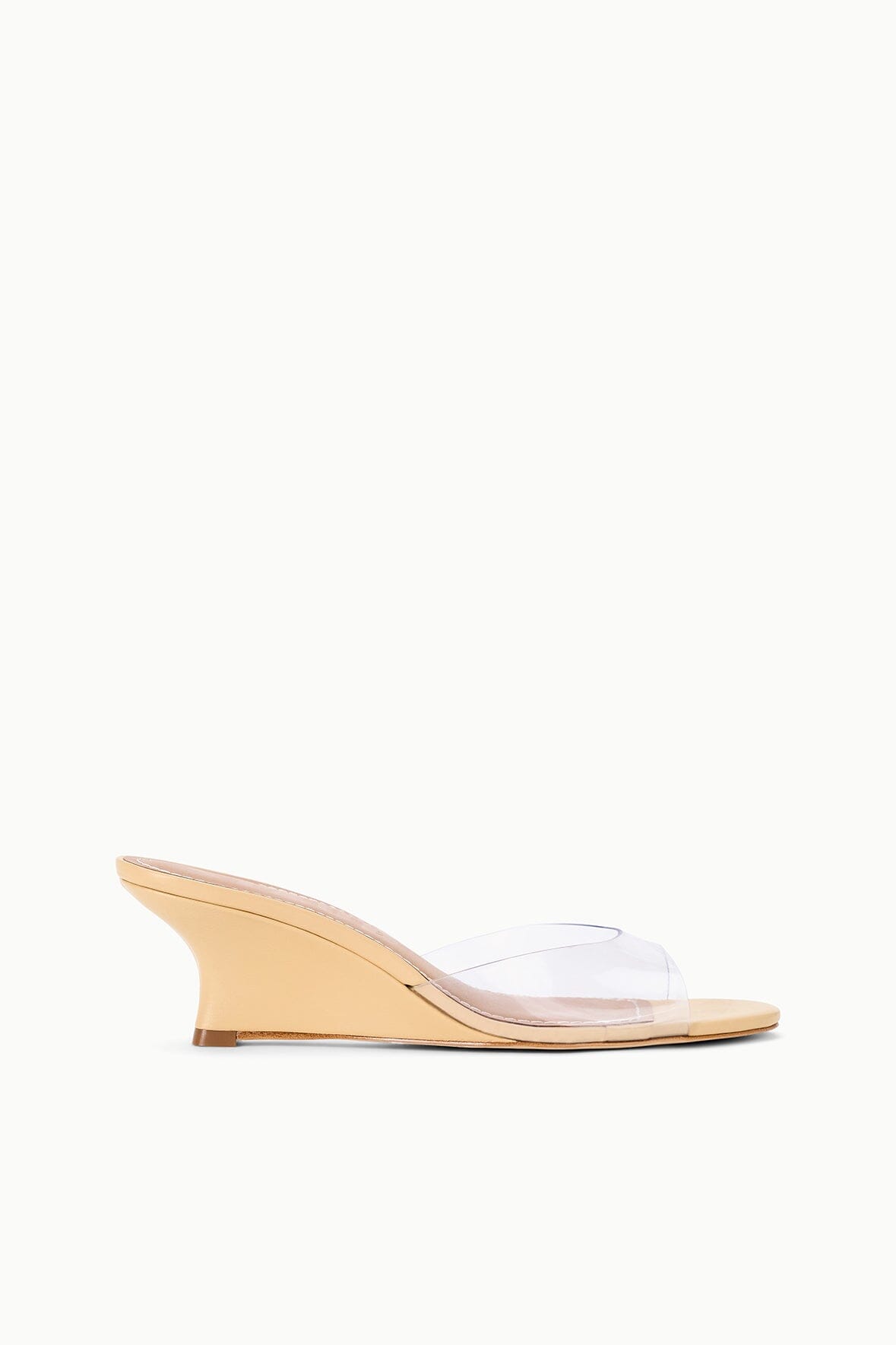 BRIGITTE wedge slide sandals in porcini PVC, clear strap and tan mid-heel