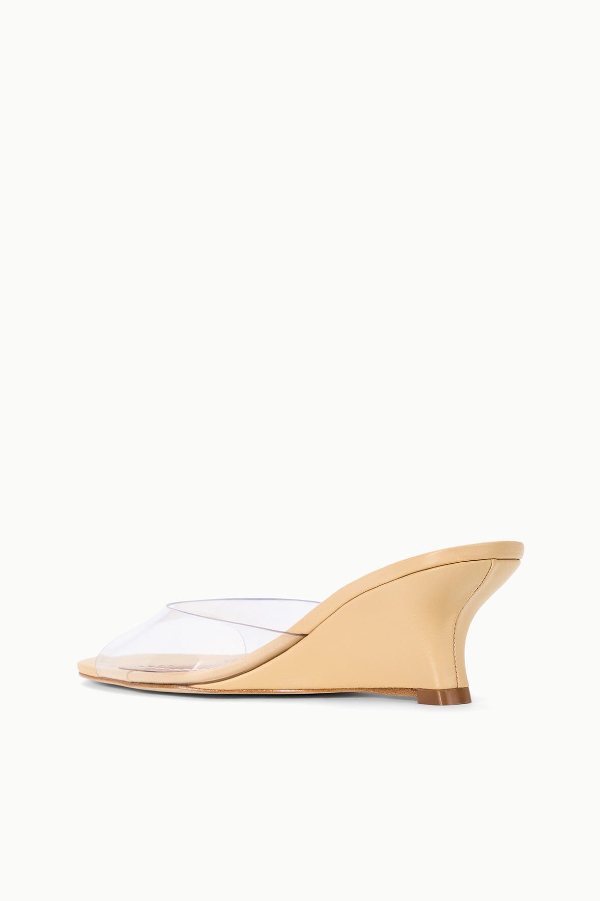 BRIGITTE wedge slide sandal with clear upper, porcini tan wedge heel, side profile