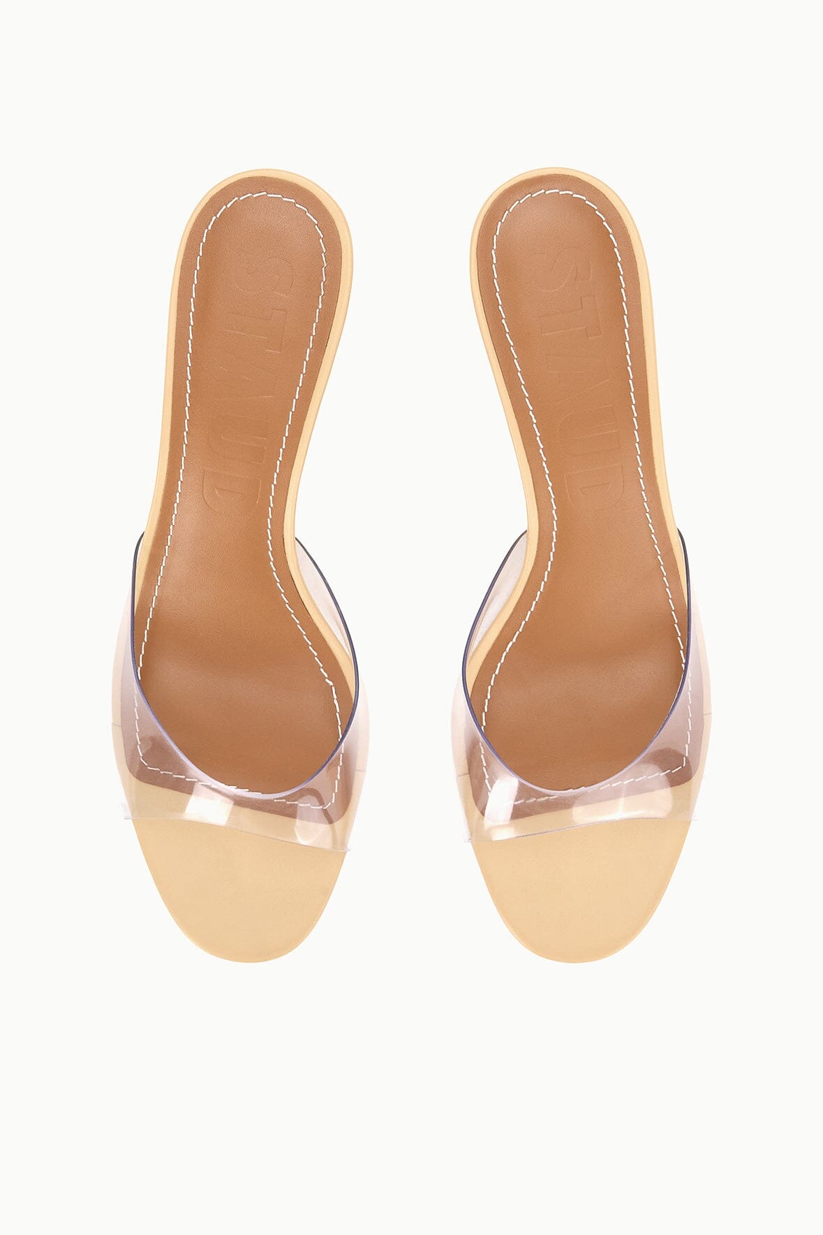 BRIGITTE wedge slide sandals, clear toe and heel openings with tan PVC footbed