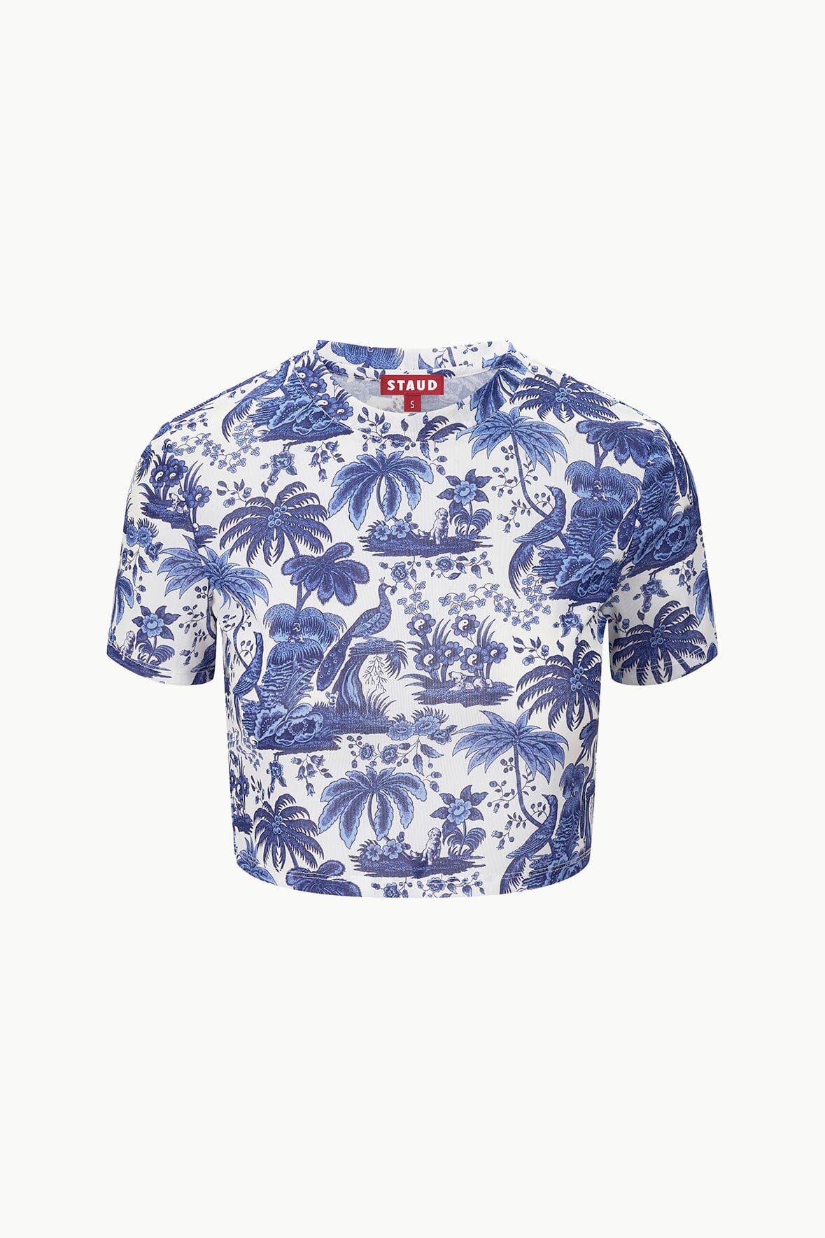 Blue and white printed crop coverup top with short sleeves
