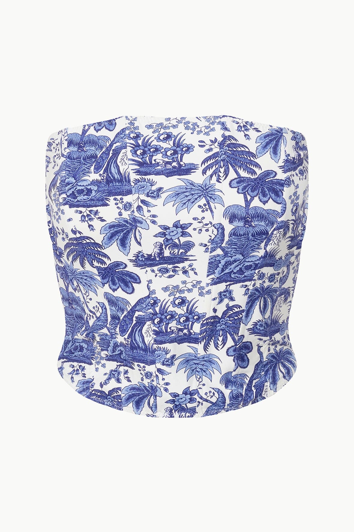 Blue toile strapless bandeau bikini top with allover floral print