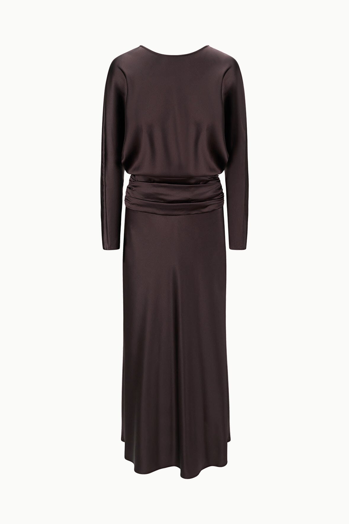 Silk dress in dark brown with long sleeves, boat neckline, and ruched waist detail.