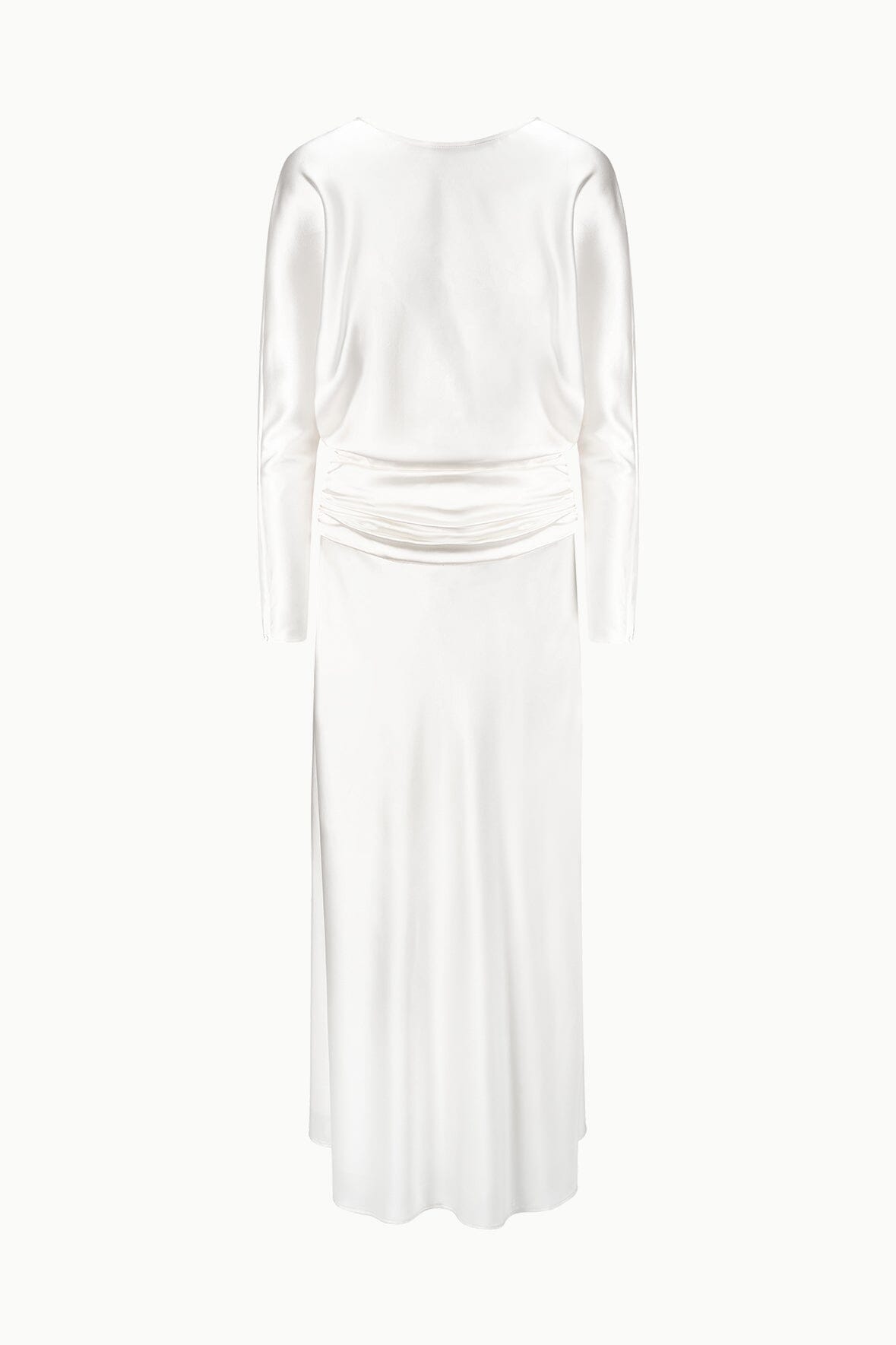 Ivory silk midi dress with long sleeves and ruched waist detail