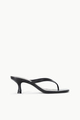 Black slim-heel strappy sandals with open toe and curved cross straps