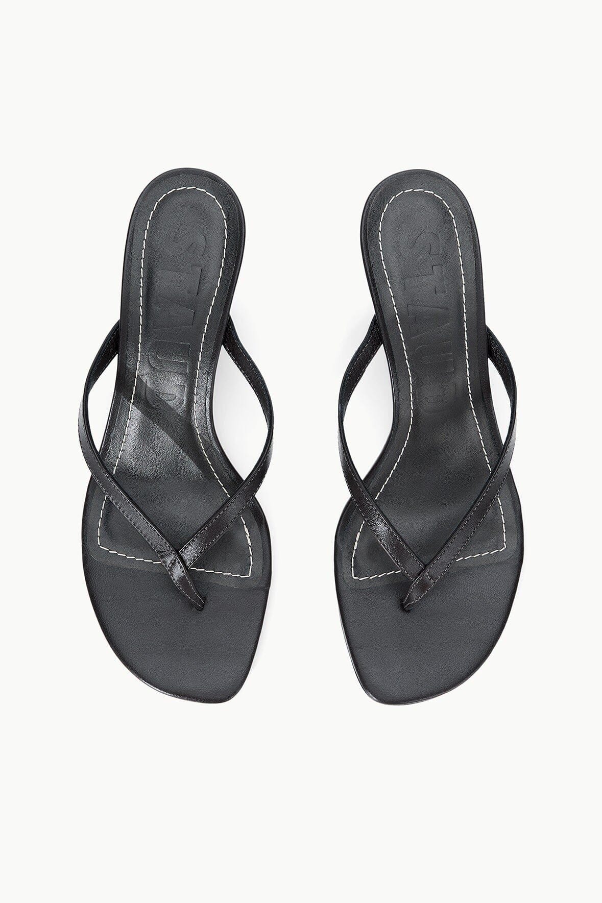 Black leather kitten-heel thong sandals with crisscross ankle strap