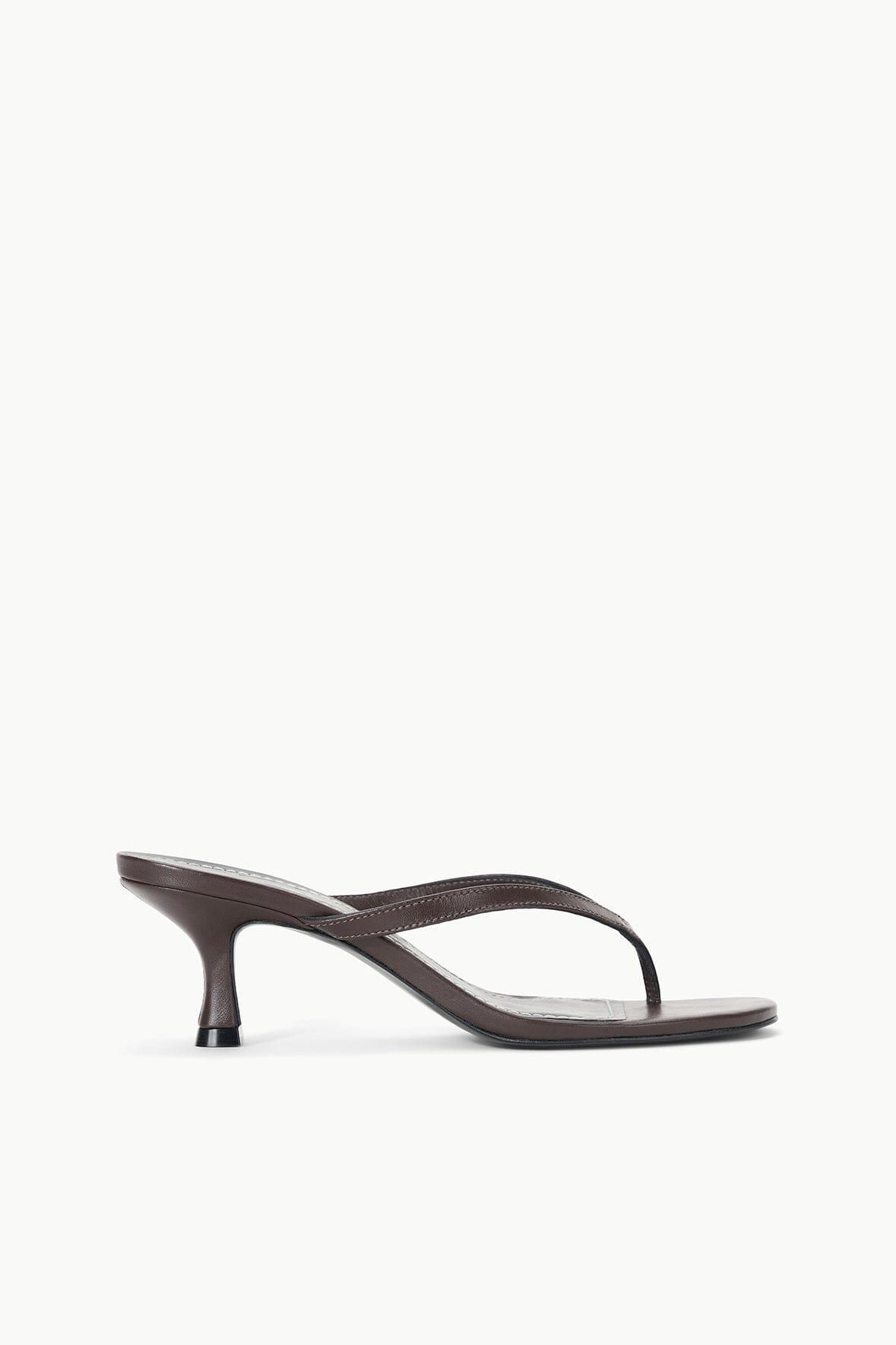 Espresso kitten-heel thong sandals with slim T-strap and open toe