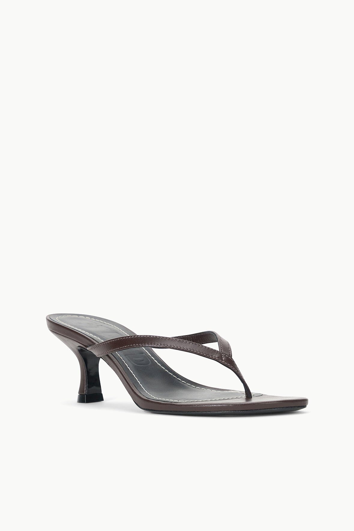Espresso kitten-heel thong sandals, side view with thin T-strap and open toe