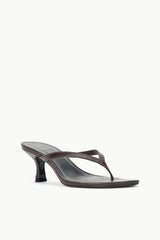 Espresso kitten-heel thong sandals, side view with thin T-strap and open toe