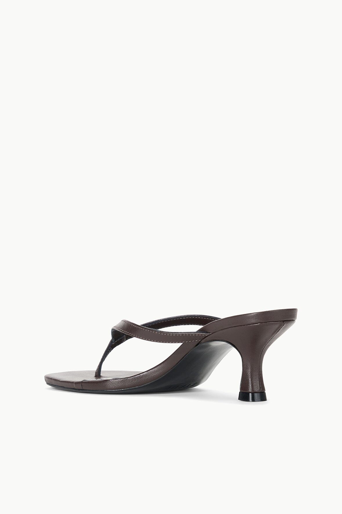 Espresso kitten-heel thong sandals with open toe and curved heel, side profile
