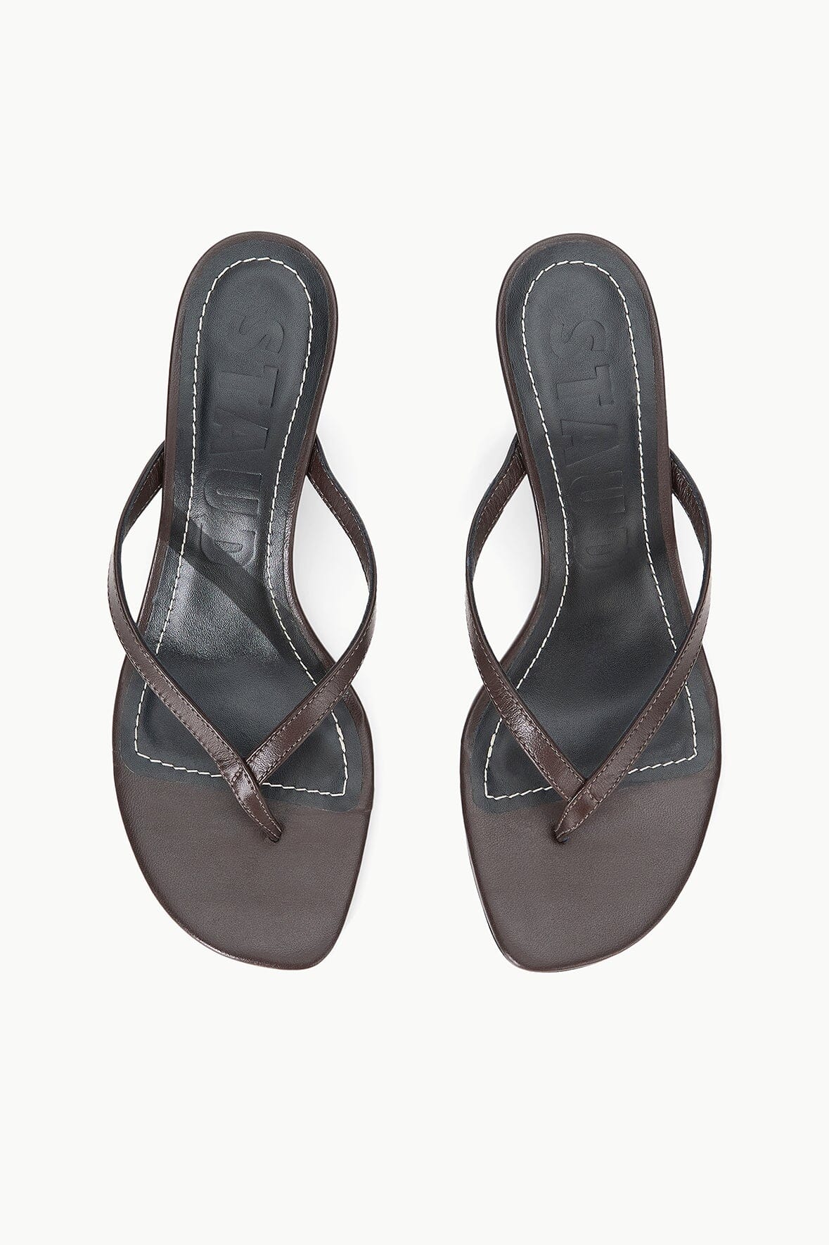 Espresso thong sandals, pair view, open toe with crisscross straps and kitten heels