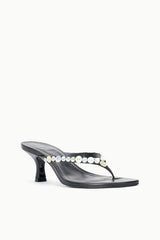 FREJA black kitten-heel flip-flops with pearl-bead trim across the strap
