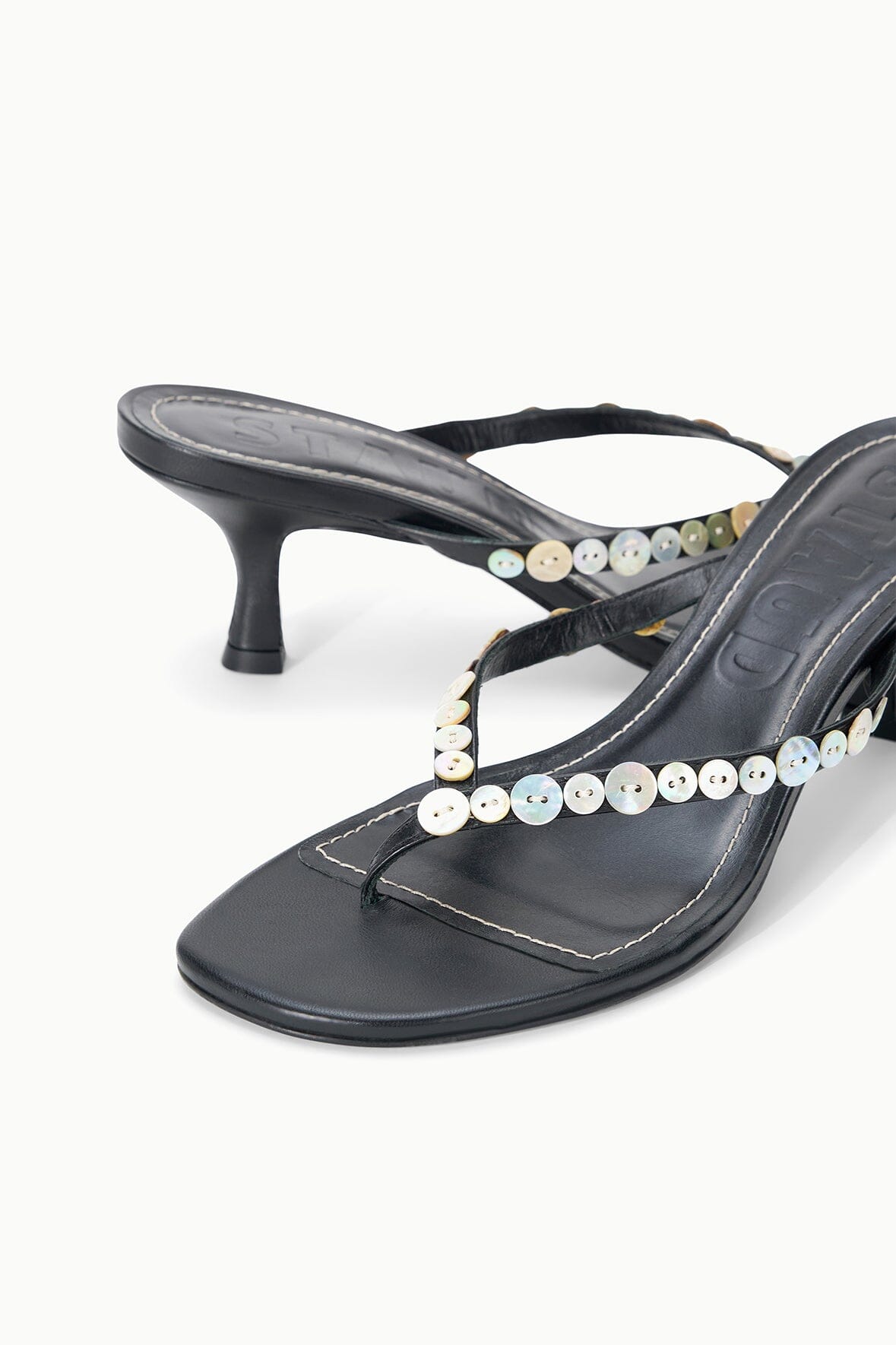 FREJA black thong kitten heels with pearl-bead strap detail and slim heel