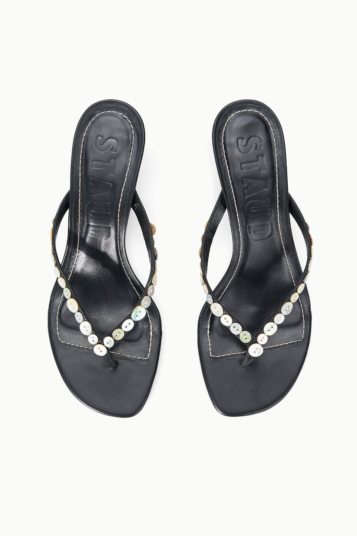 FREJA black kitten-heel sandals, pair with pearl-bead V-thong strap