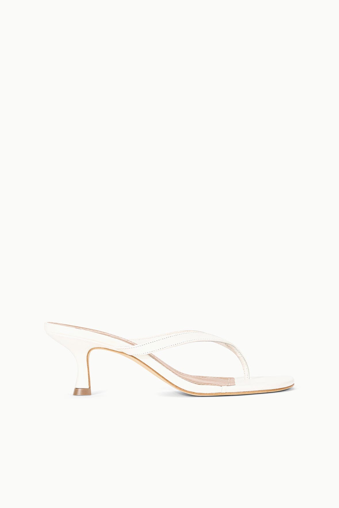 White open-toe kitten-heel sandals from the side, slim heel and thin crisscross straps