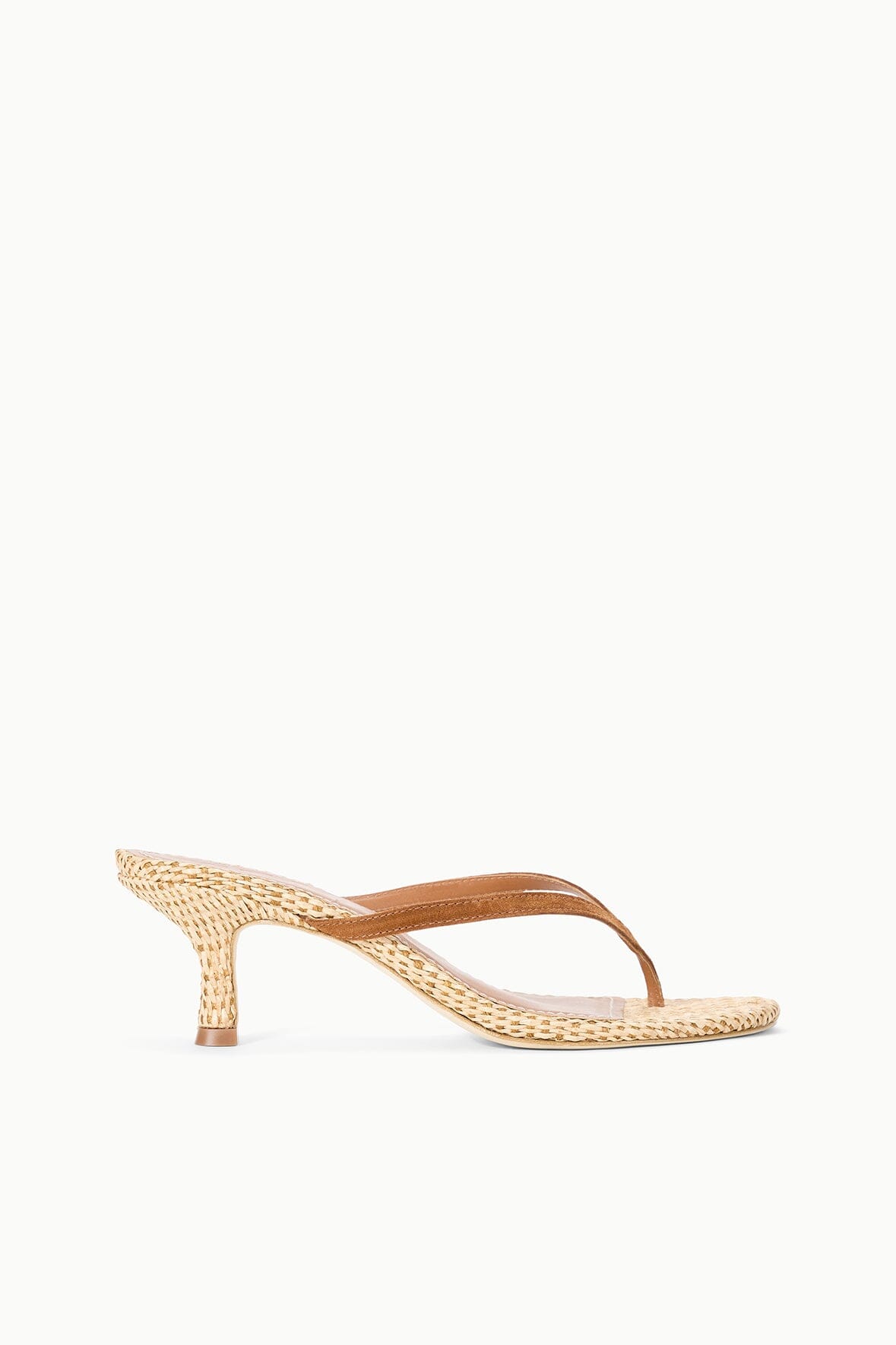 Natural woven kitten-heel thong sandals with tan leather straps.