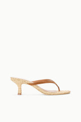 Natural woven kitten-heel thong sandals with tan leather straps.