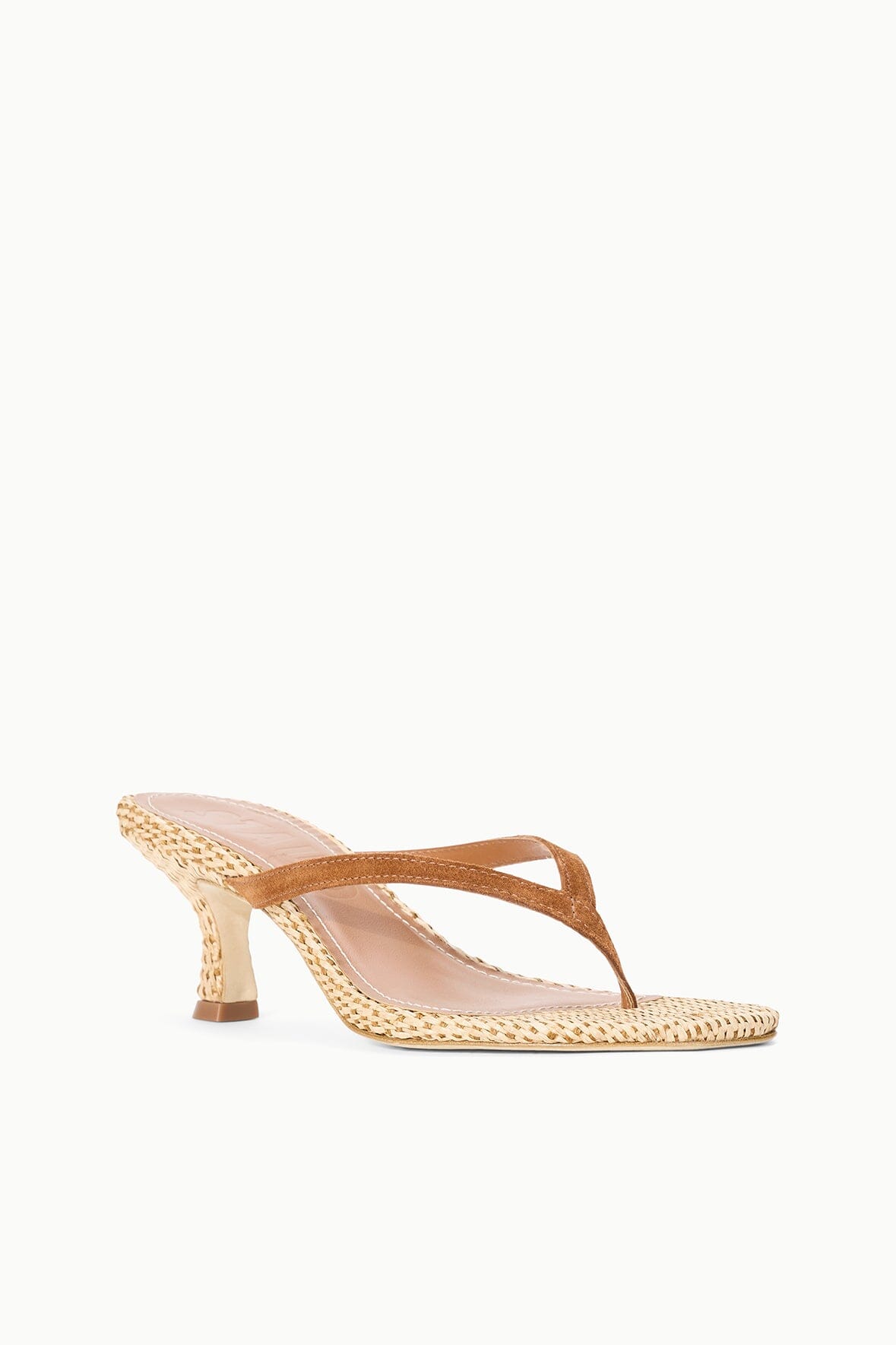 Natural woven kitten-heel thong sandals with tan leather crisscross straps.