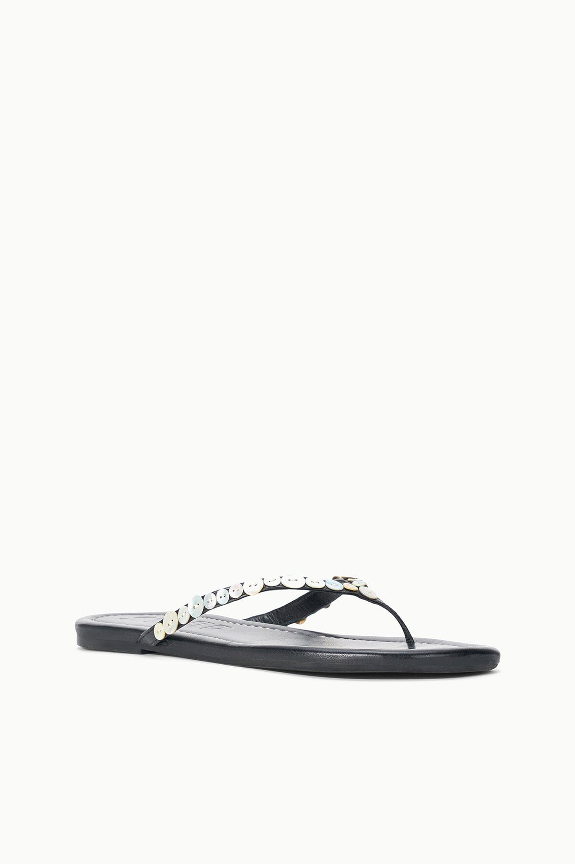 Black flip-flop sandals with pearl bead cross strap, flat sole.