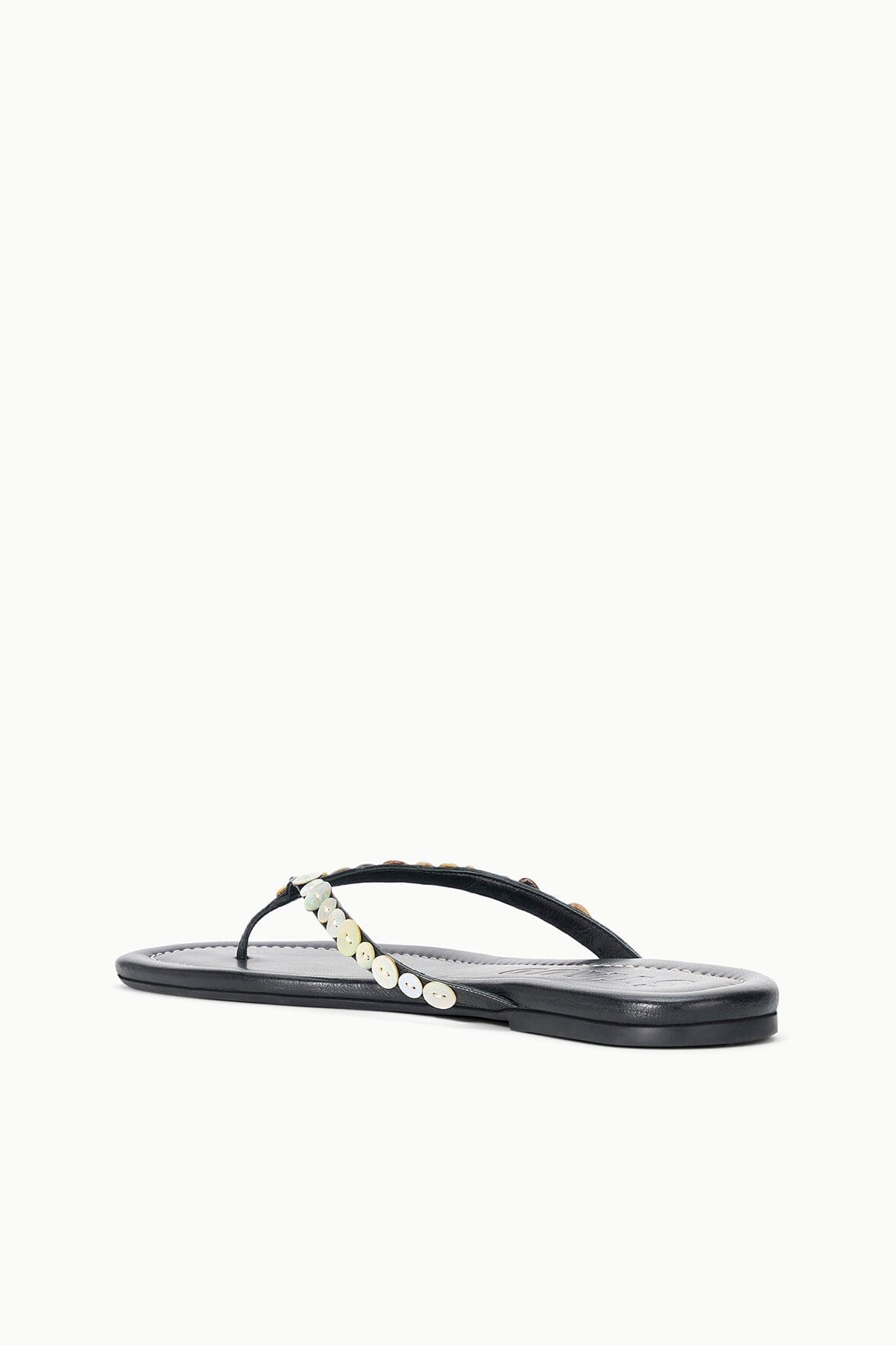 Black thong sandals with pearl bead trim and curved thong strap.