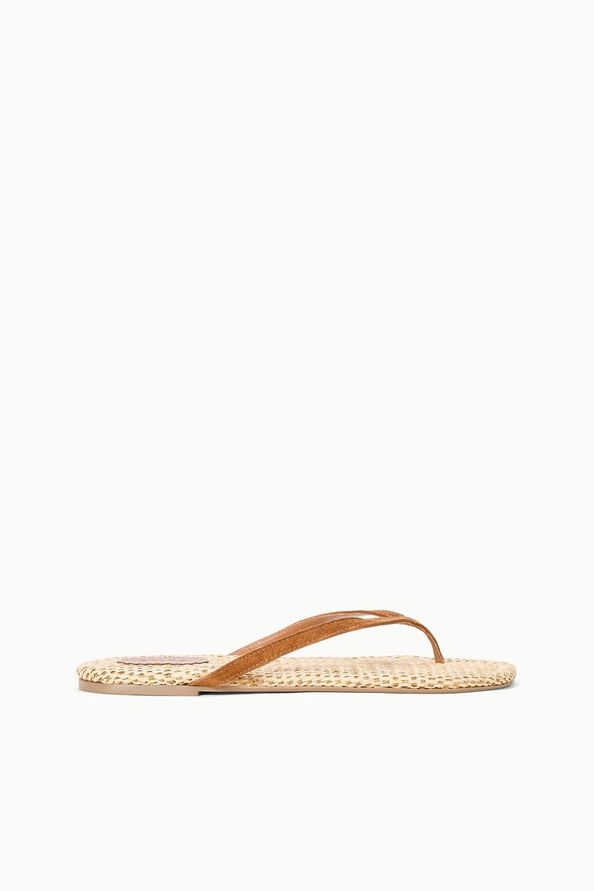 Woven thong sandals with tan footbed and tan leather-style toe strap
