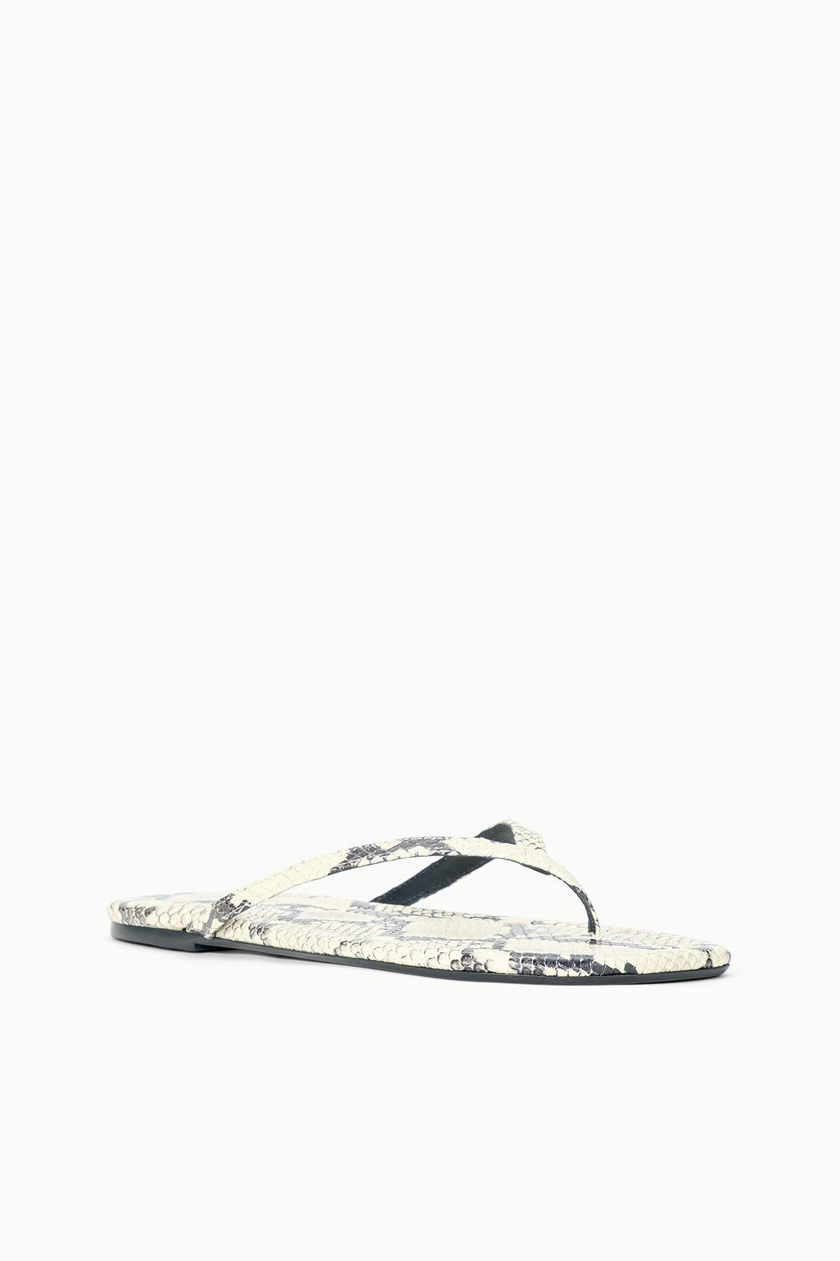 Snake-print thong sandals with black strap and open-toe thong profile
