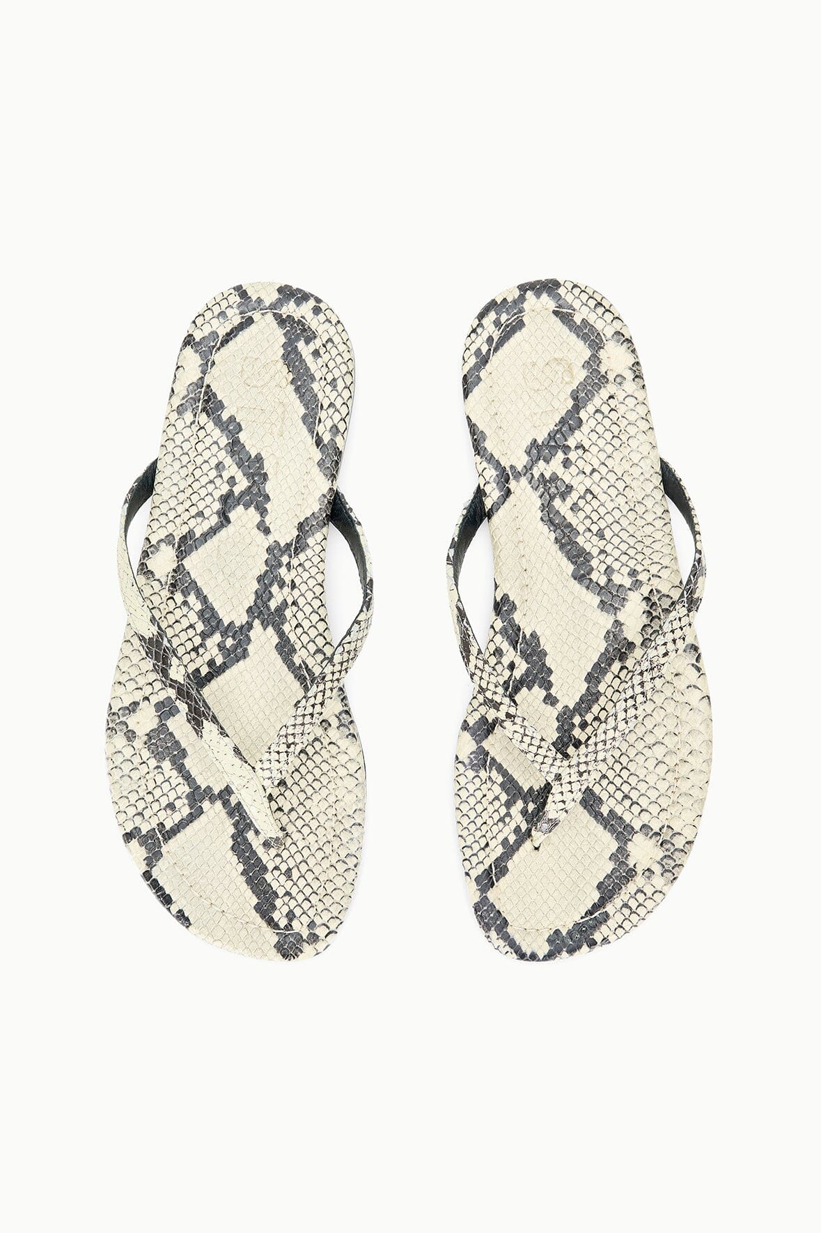 Pair of snake-print thong sandals with open toe and black straps