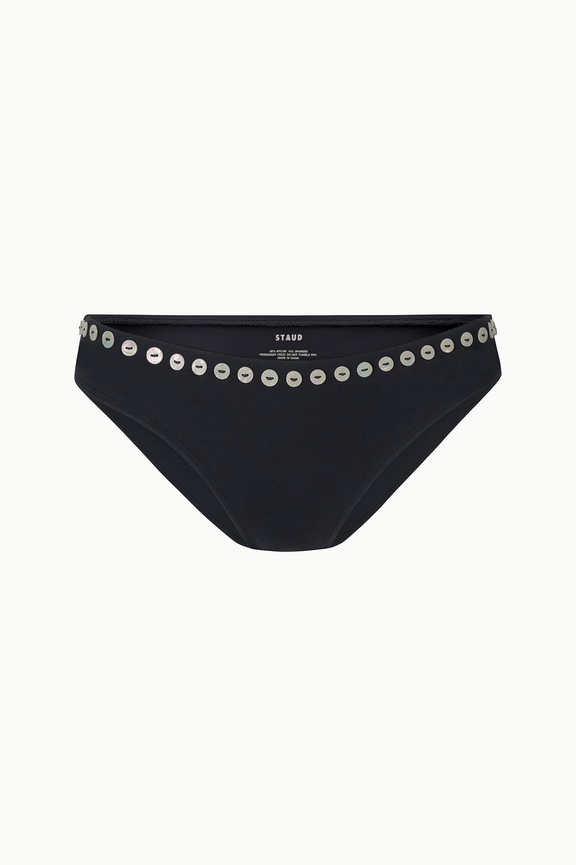 Black bikini bottom close-up with silver metal grommet trim at waistband
