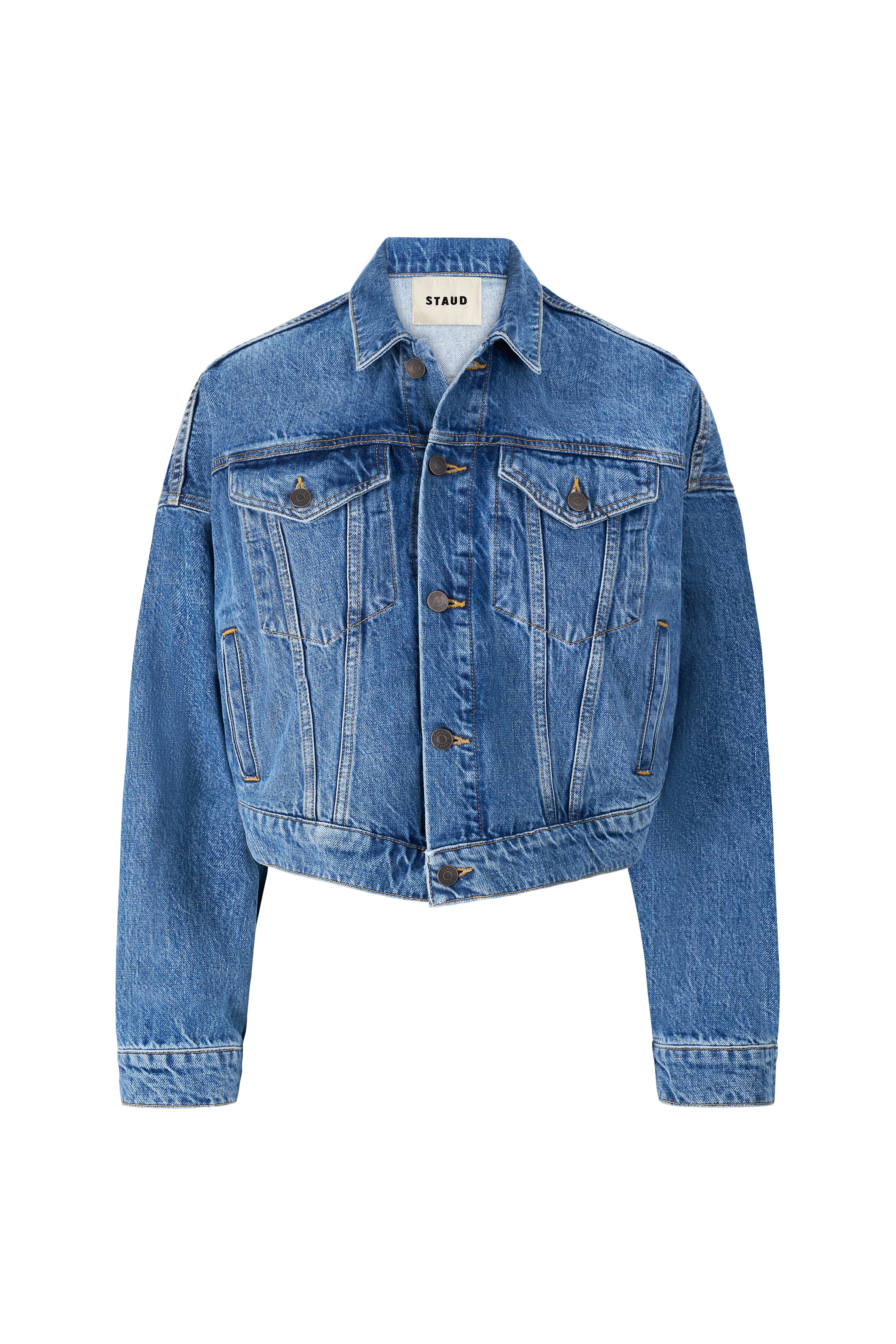 Vintage-wash cropped denim jacket with pointed collar and chest pockets