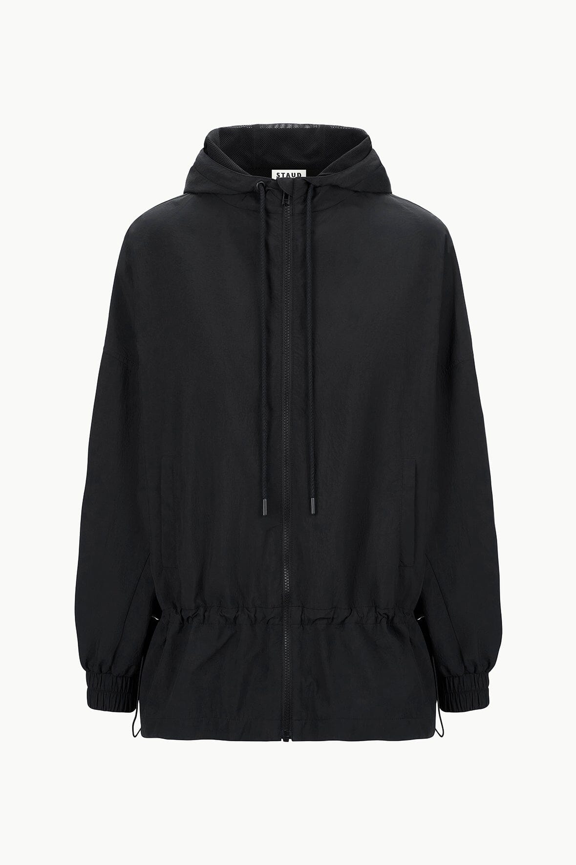 Black hooded jacket with zip front, drawstring hood, and elastic cuff sleeves.