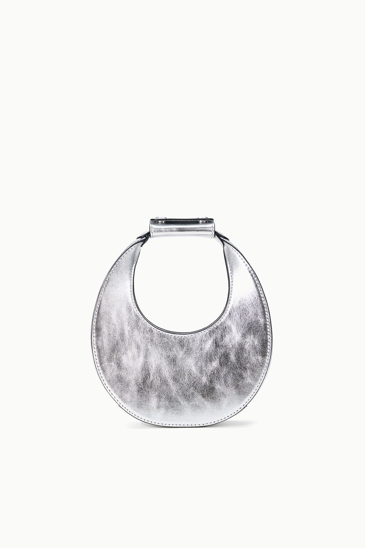 Silver crescent shoulder bag with top handle and snap closure