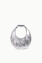 Silver crescent shoulder bag with top handle and snap closure