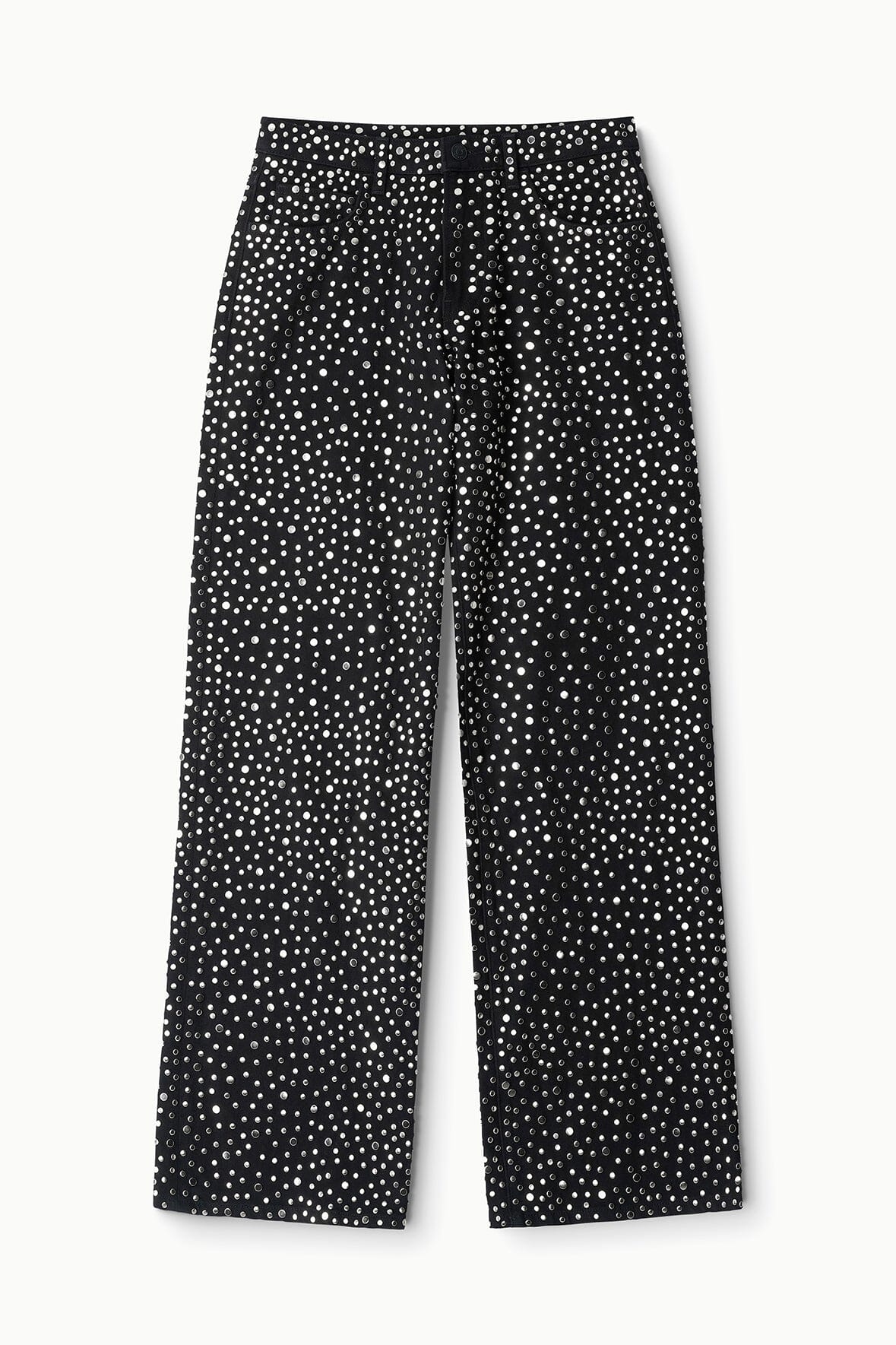 Black relaxed jeans covered in silver studs, wide-leg silhouette.