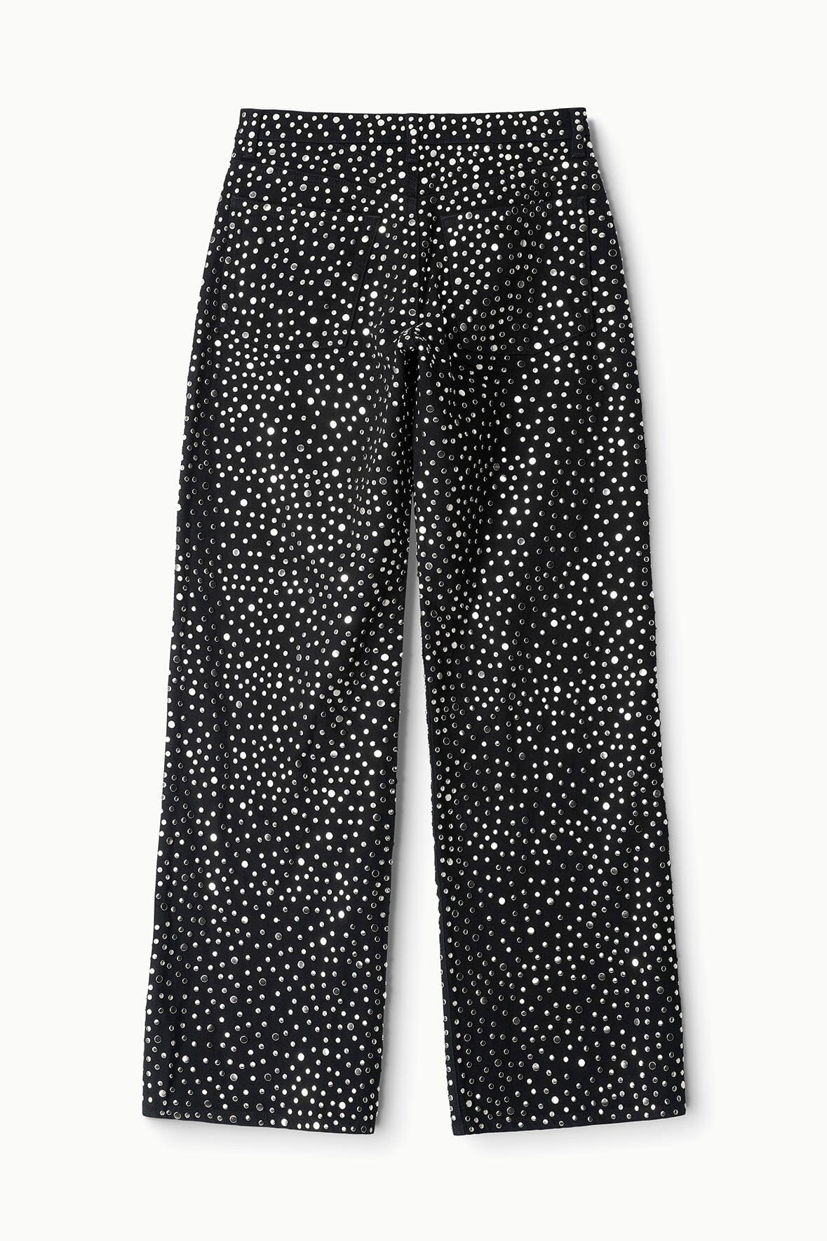 Black studded wide-leg relaxed jeans with a straight, roomy fit.