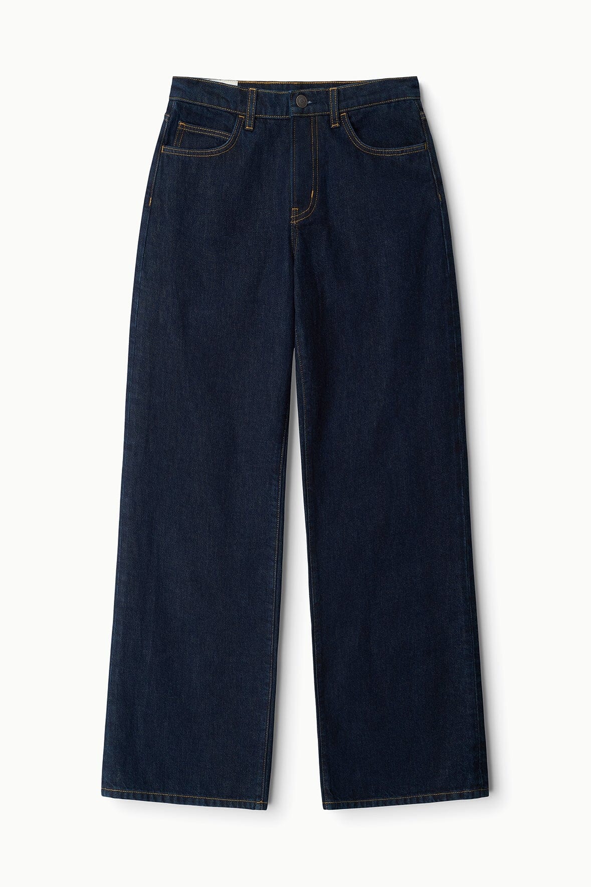 Indigo relaxed jeans laid flat, front view with two front pockets and belt loops