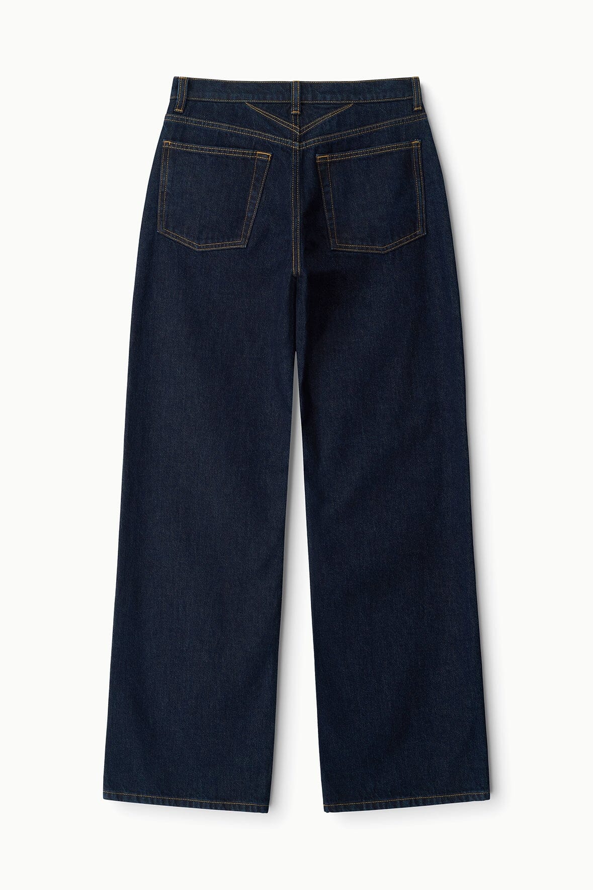 Indigo relaxed jeans laid flat, back view with waistband yoke and two back pockets