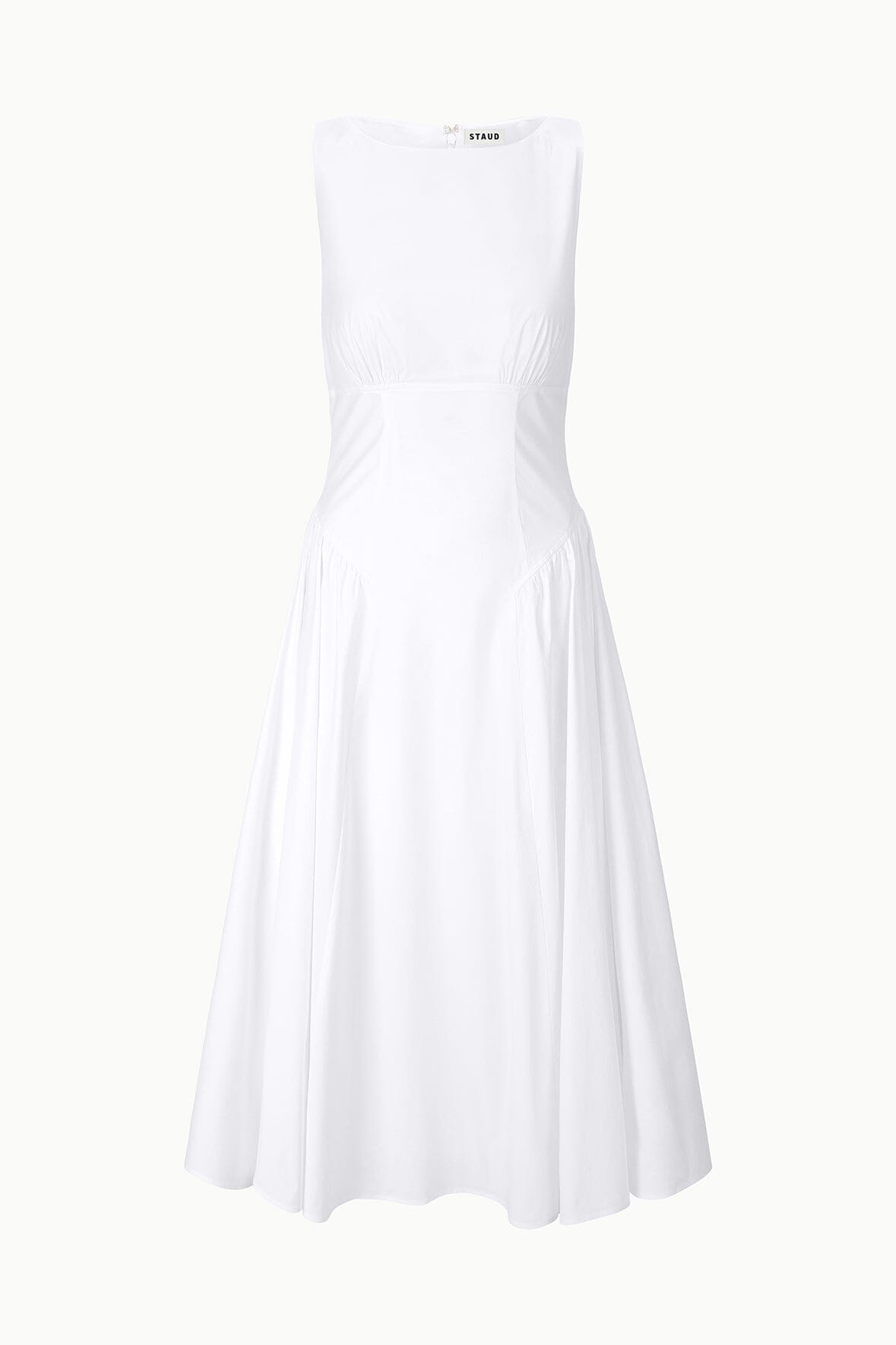 White sleeveless dress with fitted bodice and flared gathered skirt