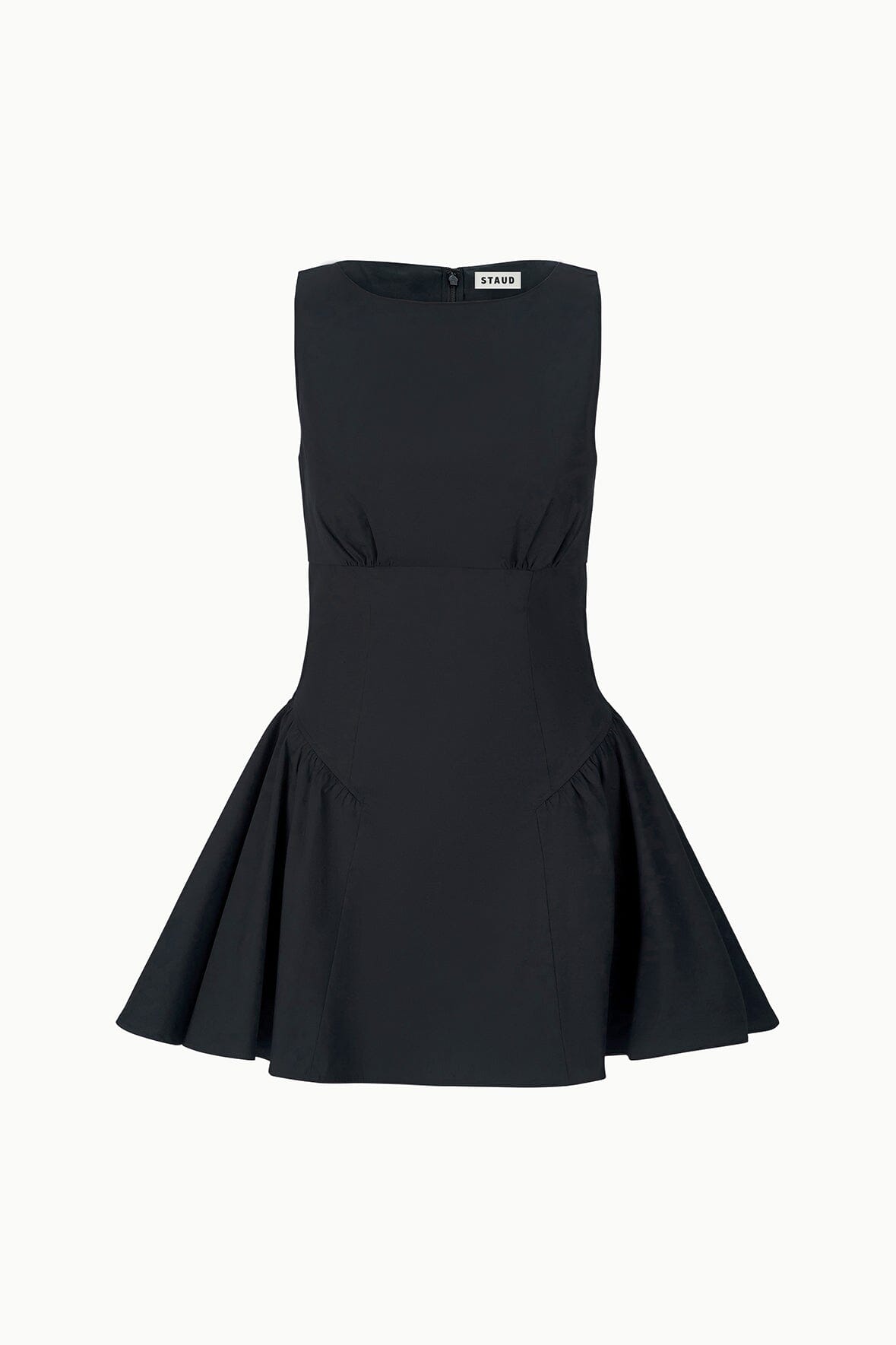 Black sleeveless mini dress with gathered waist and flared skirt