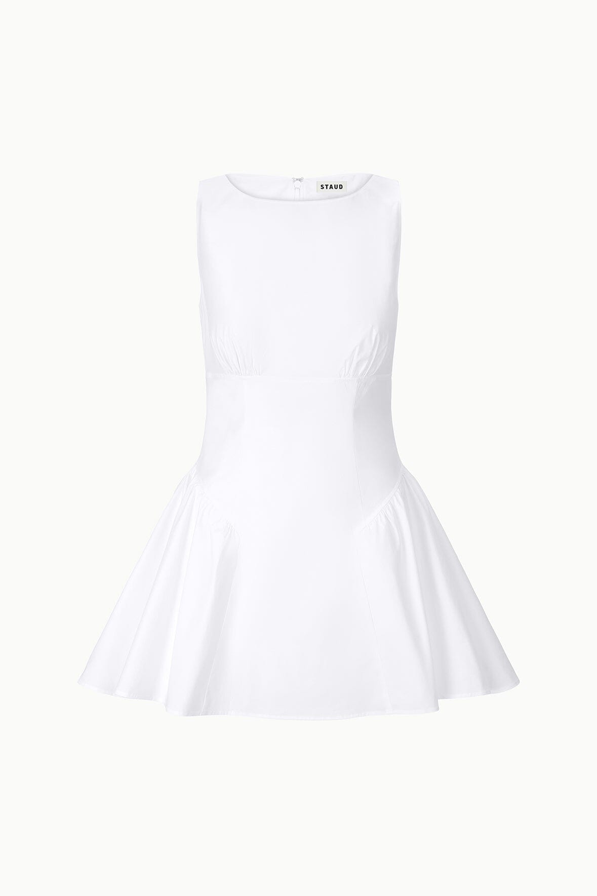 White sleeveless mini dress with round neckline and flared skirt