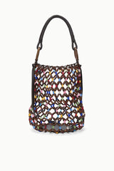 Del Mar bucket bag with multicolor beaded lattice, curved black handles, and rounded top