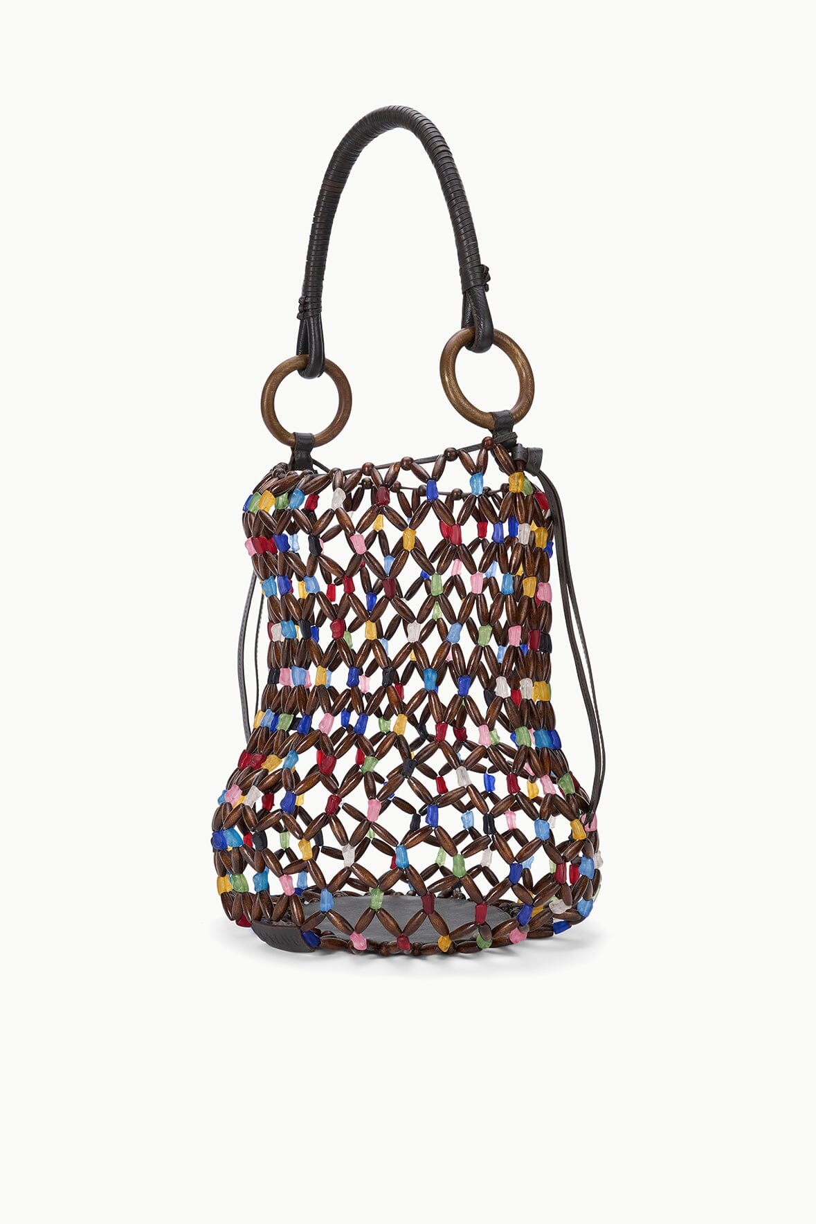Del Mar bucket bag front view with multicolor beaded lattice and two ring-style black handles