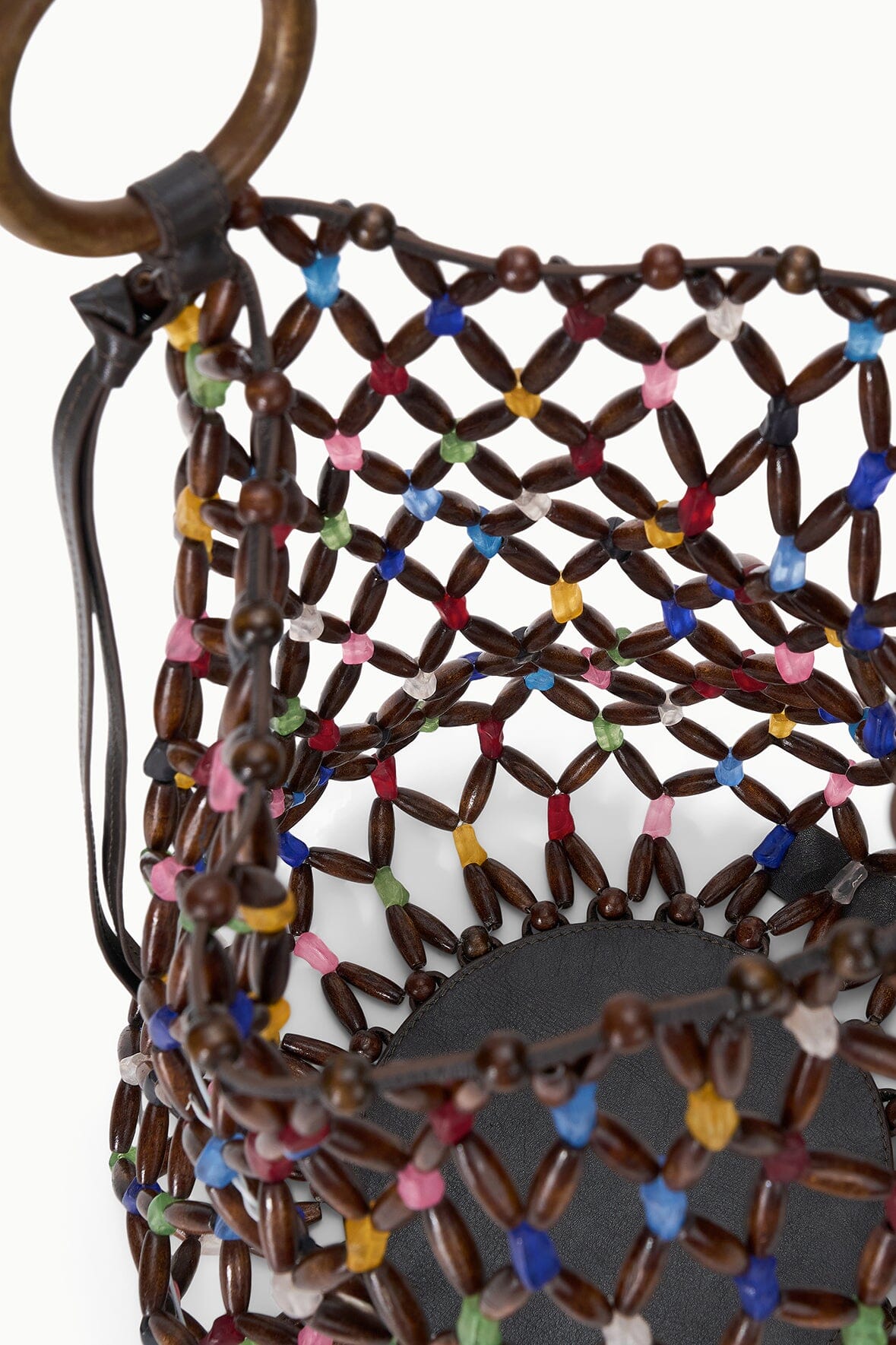 Close-up of Del Mar bucket bag beaded lattice top edge with multicolor bead pattern