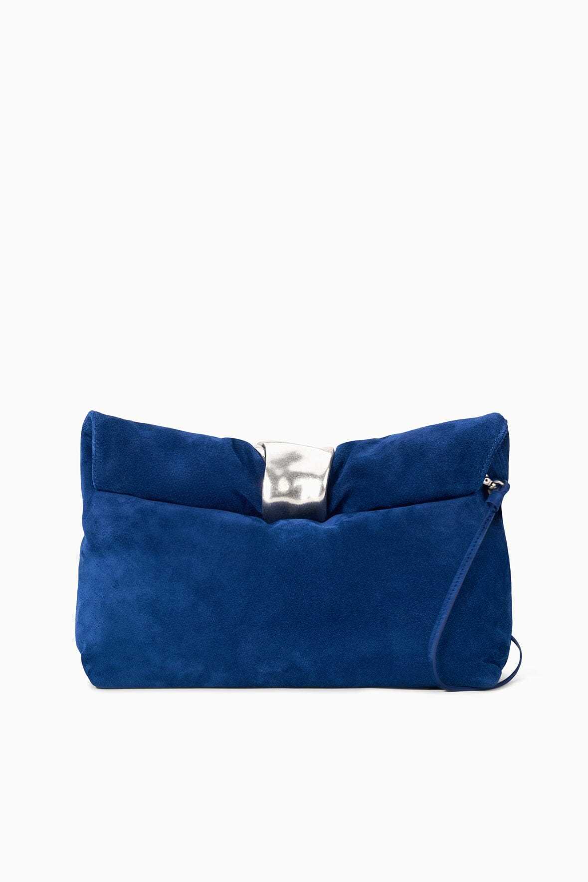 Cobalt suede cuff clutch with silver-tone top clasp and fold-over design
