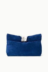Cobalt suede cuff clutch with silver-tone top clasp
