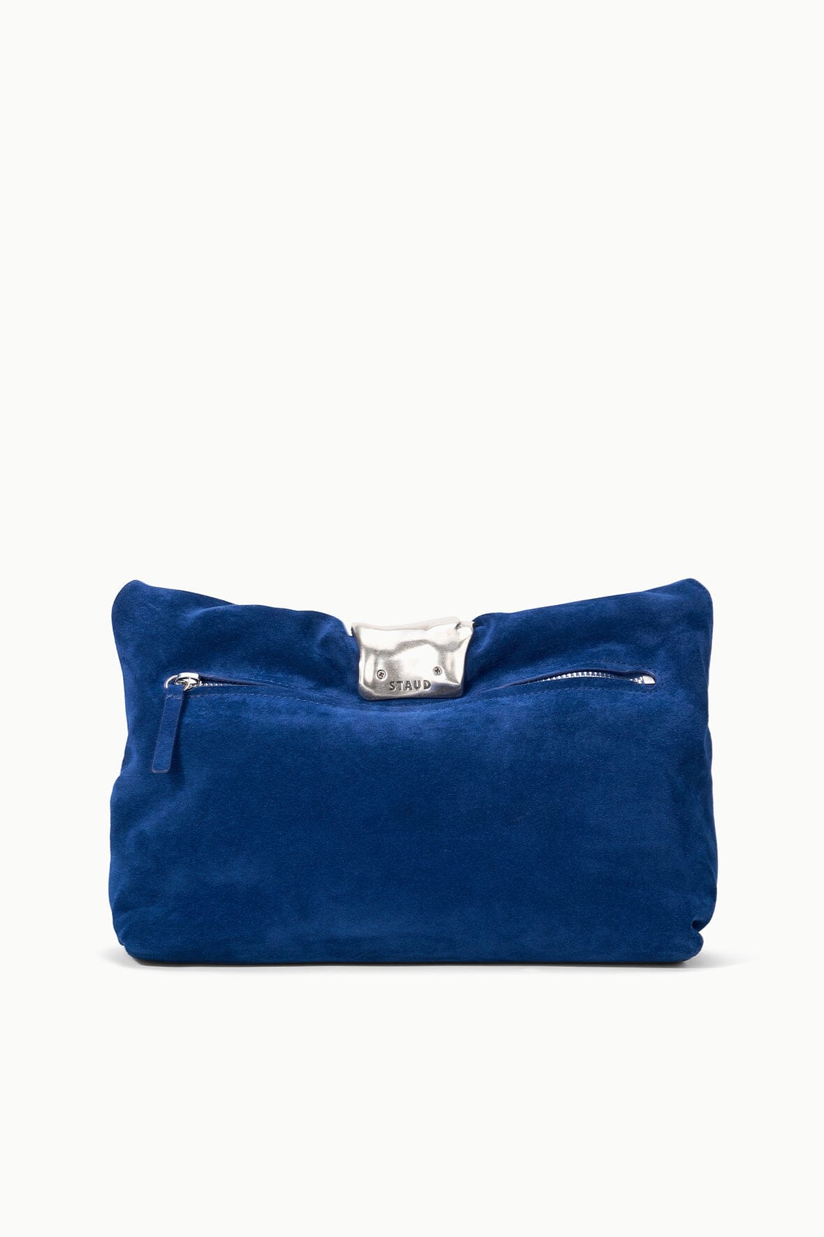 Cobalt suede cuff clutch with top zip closure and silver pull details